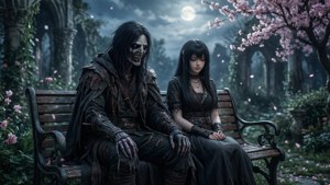 一個骷髏人物和一個女人坐在長凳上，在滿月下，櫻花飄落。 — 噬血代碼 壁紙