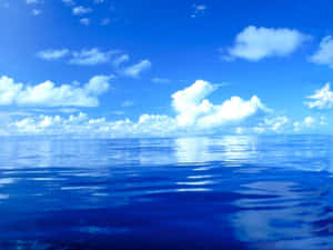 平靜的藍色海洋映照著天空和蓬鬆的白雲 — 美麗的藍色 壁紙