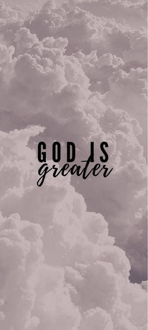 文字疊加在雲天背景上顯示「GOD IS greater」。 — POCO C71 壁紙