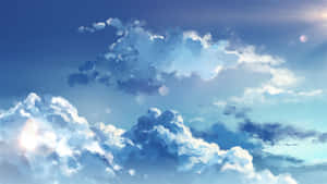 充滿活力的藍天，有蓬鬆的白雲和溫暖的陽光光暈。 — 藍色美學電腦 壁紙