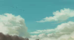 兩隊V字形鳥群飛過多雲的藍綠色天空。 — 吉卜力工作室 壁紙
