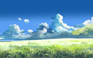 在湛藍的天空下，有蓬鬆白雲的廣闊綠色草地。 — 草地 壁紙