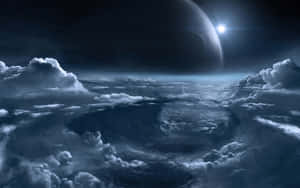 雲在發光的星星和一顆大行星下翻騰於太空。 — 科幻 壁紙