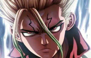 白髮紅眼的動漫角色，表現出強烈的憤怒。 — Dr.STONE 新石紀 壁紙