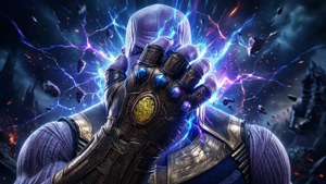 薩諾斯揮舞著無限手套，宇宙能量在他周圍爆炸。 — 復仇者聯盟3：無限之戰 壁紙