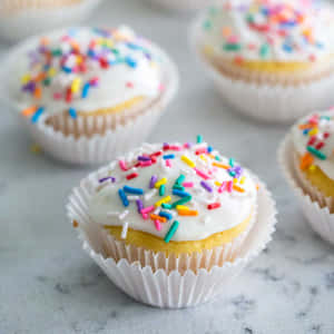彩色糖針 cupcake 配白色糖霜，放在大理石檯面上的特寫。 — 1:1 壁紙