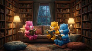 三隻Care Bears在一個舒適的圖書館裡，坐在沙發上閱讀書籍，周圍有書架和燈。 — 彩虹熊 壁紙