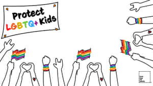 手舉著彩虹旗和心形，橫幅上寫著「保護LGBTQ兒童」。