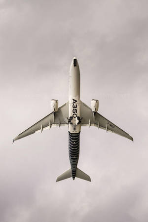 從上方觀看空中巴士A350飛機，背景為多雲天空。