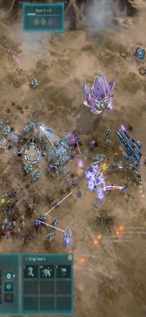科幻策略遊戲戰鬥，發光單位在沙漠地形上發射能量武器。 — Galaxy S25 Edge 壁紙
