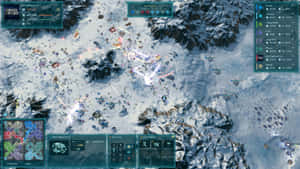 雪地策略遊戲戰場，單位戰鬥中，UI元素可見。 — iMac 壁紙