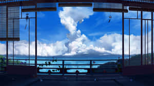 傳統日式陽台，海洋與雲景 — 低傳真 壁紙