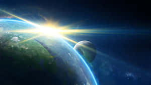 日出時從太空看到的地球，背景有發光的地平線和星星。 — 太空美學動圖 壁紙