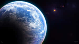 從太空看到的地球，有藍色海洋、白色雲層和背景中的星星。 — 7680x4320 壁紙