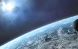 從太空看到的地球，有陽光照耀的雲層和黑暗的太空背景。 — 星際效應 壁紙