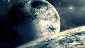 從太空看地球，背景有星星和一顆明亮的星星。 — 星際效應 壁紙