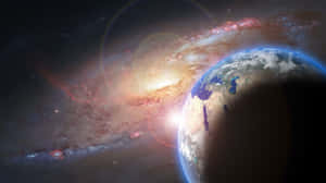 從太空看到的地球，背景是色彩繽紛的螺旋星系。 — 美麗的滿月 壁紙