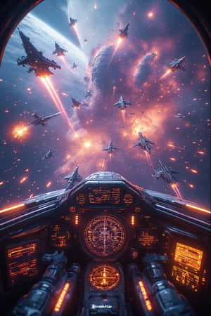 太空船駕駛艙在太空雷射戰鬥中，有敵方戰鬥機和一顆發光行星。 — iPhone 4 壁紙