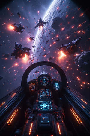 激烈太空戰中的太空船駕駛艙，有敵艦和爆炸。 — iPhone 4 壁紙
