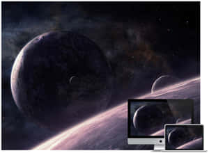 從彎曲的地平線觀看黑暗行星和恆星，帶有發光的粉紅色大氣，顯示在電腦螢幕上。 — 美學 Mac 壁紙