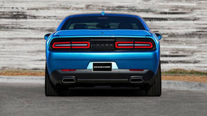 藍色 Dodge Challenger 肌肉車停在瀝青路上，背景為木牆。 — 道奇挑戰者 壁紙