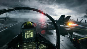 夜間暴風雨中航空母艦甲板上的戰鬥機駕駛艙視角。 — 高畫質遊戲 壁紙
