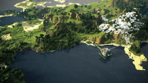 在一個有綠色山丘和白雪覆蓋山峰的方塊狀島嶼上，漂浮的Minecraft豪宅。 — 法羅群島 壁紙