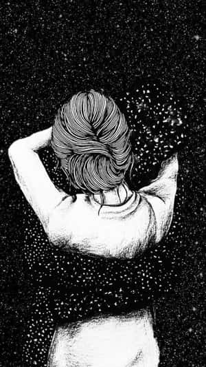 一個人在繁星點點的夜空下雙手放在頭髮中的黑白線條藝術。 — 愛黑白 壁紙