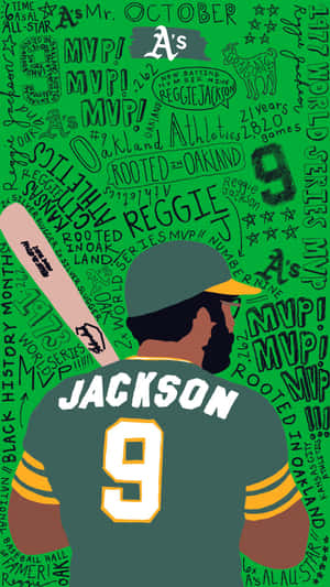 棒球選手 Reggie Jackson 身穿綠色球衣，手持球棒，背景為慶祝文字。 — 酷棒球 壁紙