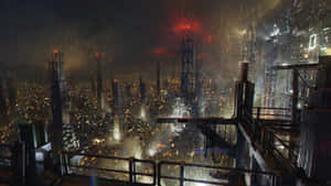 未來城市夜景，雨和霓虹燈反射在水坑中。 — 電玩遊戲 GIF 壁紙