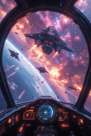 太空船駕駛艙在太空戰役中，背景有星雲和行星 — iPhone 4 壁紙