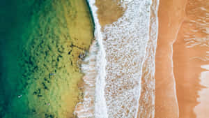 海浪與金色沙灘交匯的空中鏡頭，衝浪者在淺水中。 — 海灘日落 壁紙