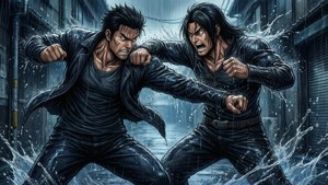 東京復仇者中，千冬與場地在雨中激戰的場景。