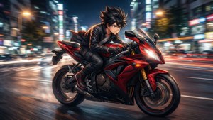 Mikey 騎著摩托車在夜晚的城市中疾馳，展現東京復仇者風格。