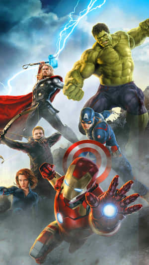 復仇者聯盟團隊與索爾、浩克、鋼鐵人、美國隊長和黑寡婦擺出戰鬥姿勢。 — 漫威復仇者聯盟 壁紙