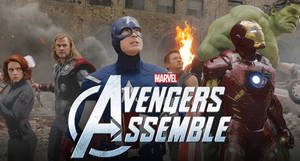 Marvel 復仇者聯盟團隊站在燃燒的城市街道上，準備戰鬥。 — 漫威復仇者聯盟 壁紙