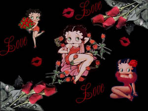 Betty Boop 角色與玫瑰和嘴唇在黑色背景上，帶有愛情文字。 — 貝蒂娃娃 壁紙