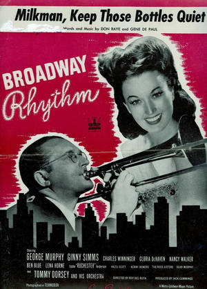 復古 Broadway Rhythm 電影海報，女性與長號演奏者位於城市天際線之上。 — 美學音樂 壁紙