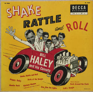 Bill Haley and his Comets 在黃色專輯封面上的紅色熱棒車上。 — 專輯封面 壁紙