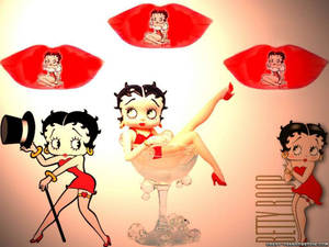 Betty Boop 卡通角色以各種俏皮姿勢，紅唇在她周圍漂浮。 — 芭比美人魚 壁紙