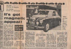 關於一輛1958年MG ZB Magnette汽車的復古報紙文章，帶有粗體標題。 — Old Paper 壁紙