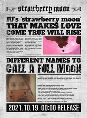關於IU的strawberry moon專輯發行的報紙文章，附有粉紅月亮圖案。 — 淺粉紅 壁紙