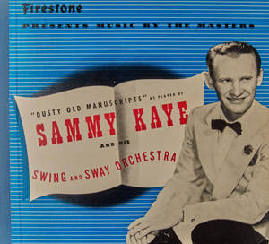 Sammy Kaye及其樂團的復古專輯封面，藍色條紋上帶有粗體紅色文字。 — 音樂 壁紙