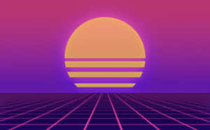 Vaporwave 日落，在發光網格地平線上有條紋的太陽。 — 復古90年代風格 壁紙
