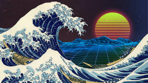 在霓虹夕陽和網格景觀下，帶有船隻的風格化波浪。