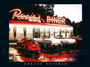 經典汽車在黃昏時分停放在Rosie's Diner外，閃爍的霓虹燈下。 — 復古90年代風格 壁紙