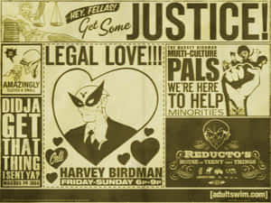 Harvey Birdman 法律廣告以漫畫報紙佈局呈現，帶有粗體文字和卡通人物。 — 電視節目 壁紙