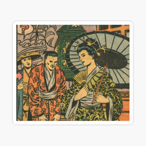 三位身穿傳統日本服飾的插圖人物，手持扇子和雨傘。 — 日式審美桌面 壁紙