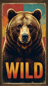 一幅棕熊插圖，背景是復古海報，上面有「WILD」字樣。 — 熊 GIF 壁紙