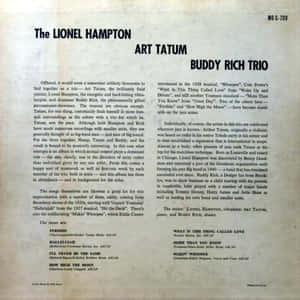 復古爵士專輯封面，帶有關於 Lionel Hampton、Art Tatum 和 Buddy Rich Trio 的文字。 — Old Paper 壁紙